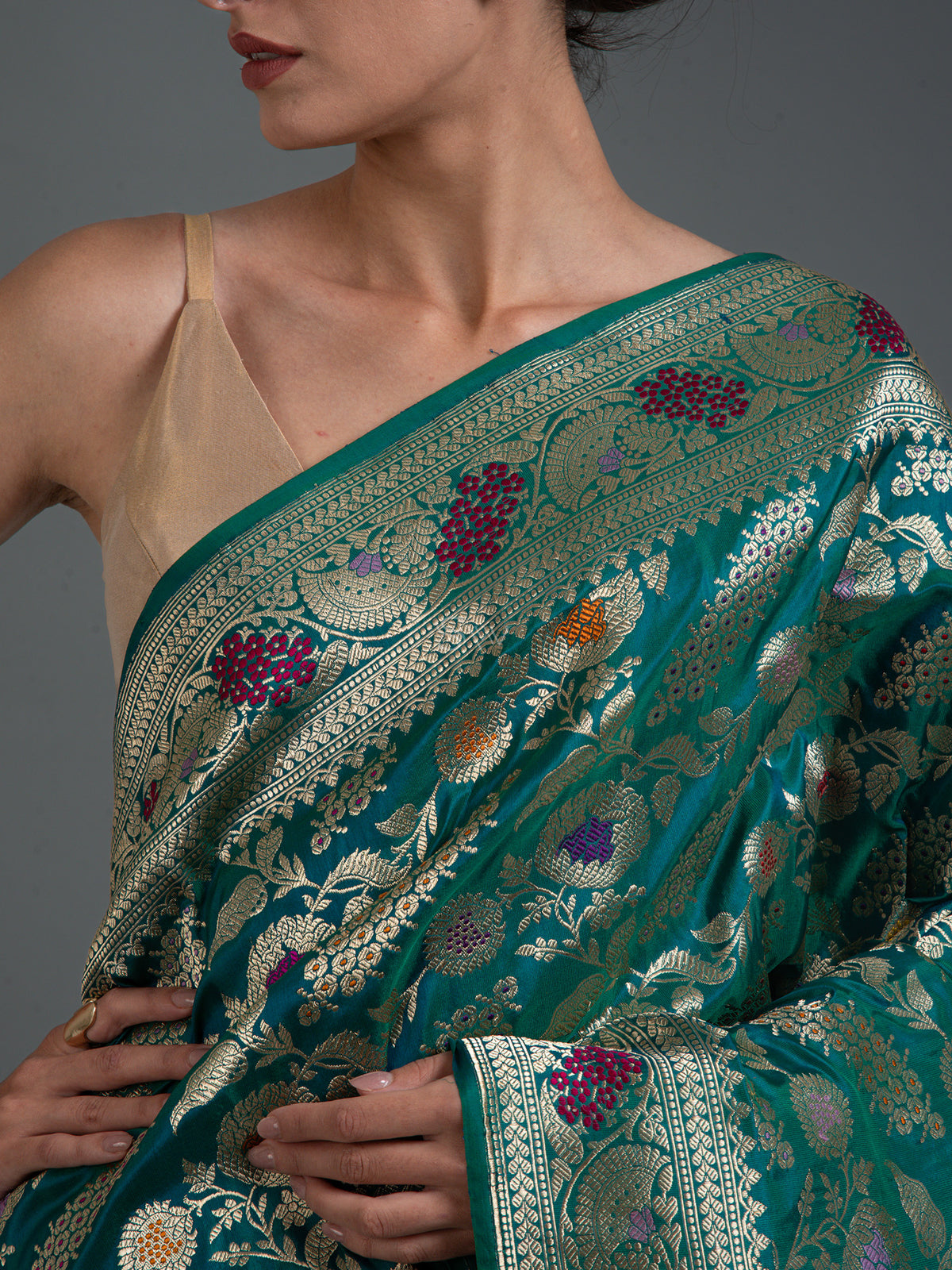 Teal Green Meenakari Katan Silk Handloom Banarasi Saree - Sacred Weaves