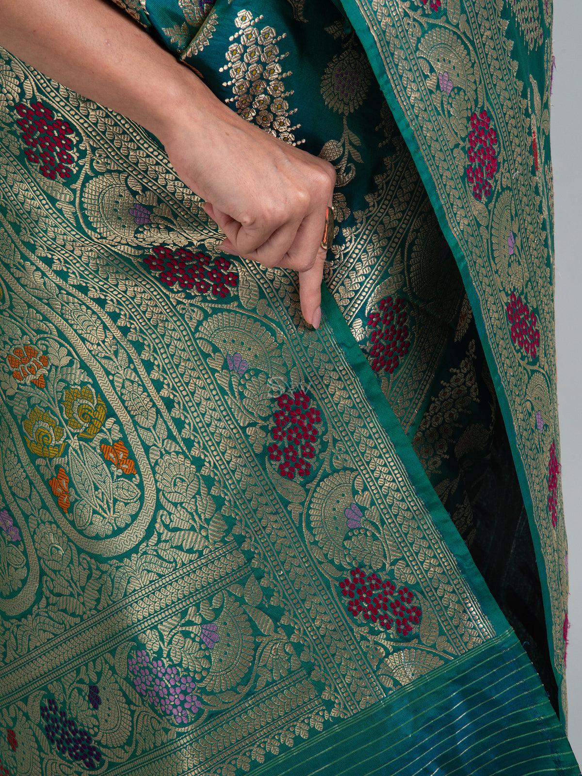 Teal Green Meenakari Katan Silk Handloom Banarasi Saree - Sacred Weaves