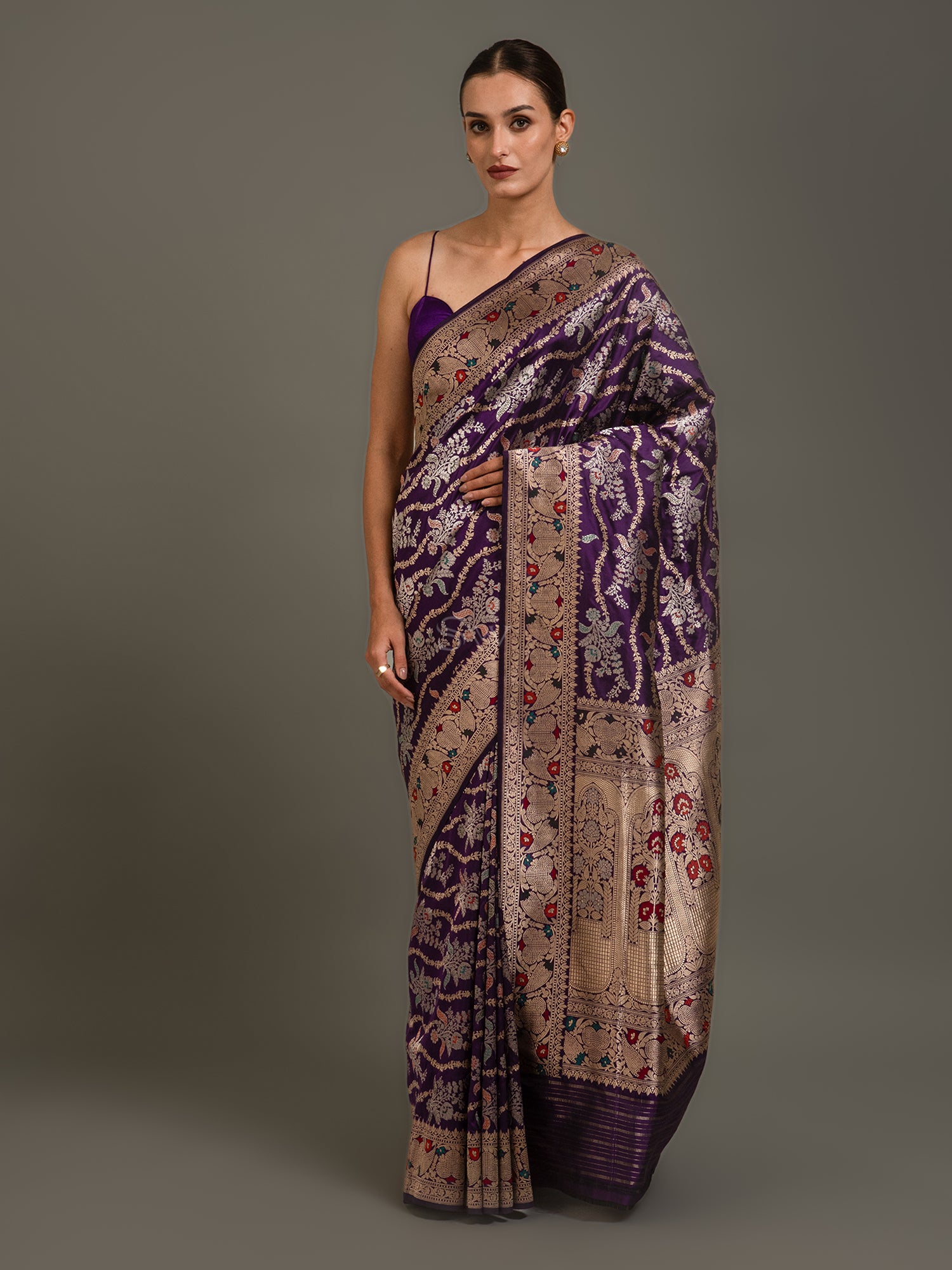 Dark Purple Meenakari Katan Silk Handloom Banarasi Saree - Sacred Weaves