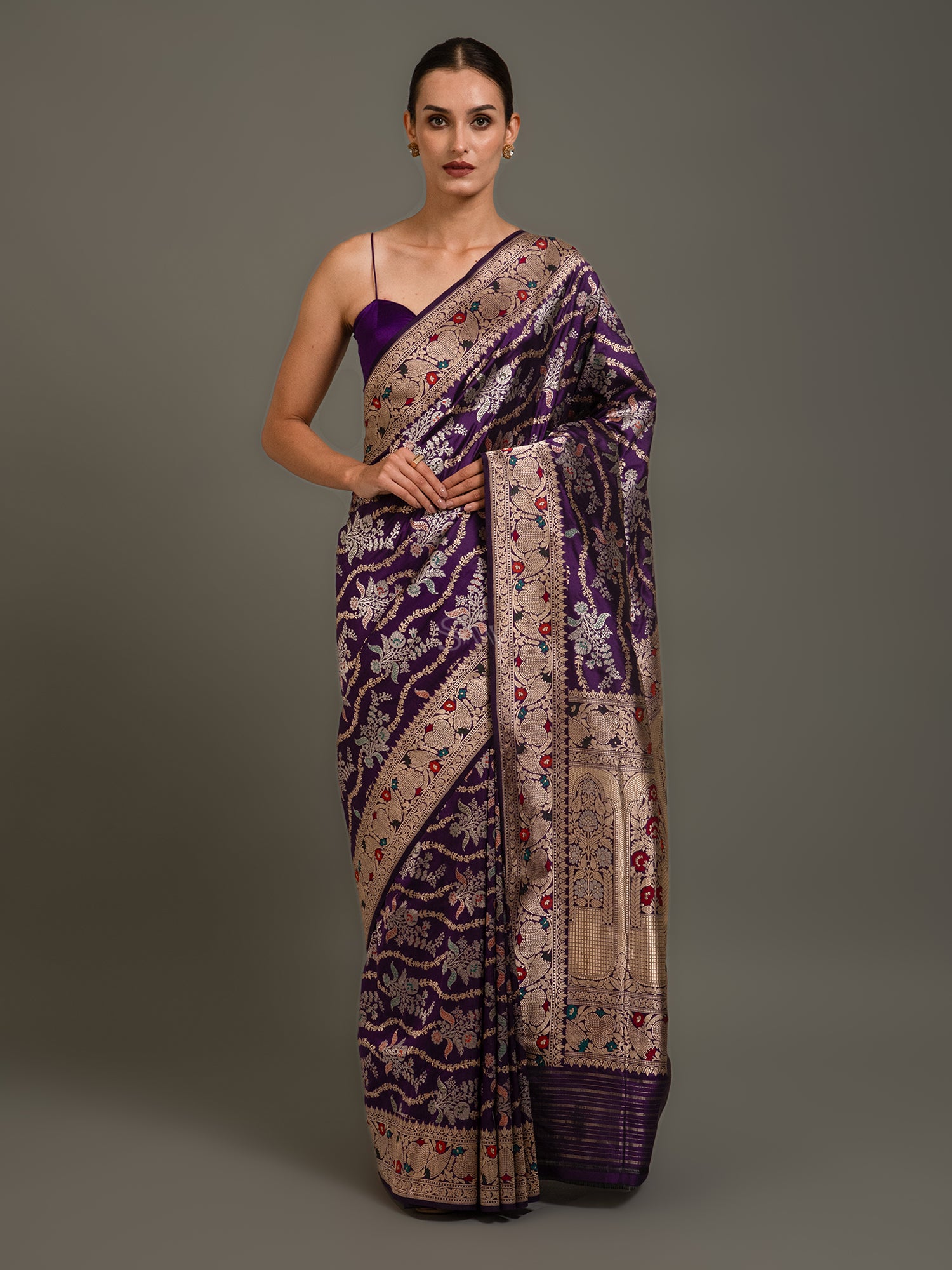 Dark Purple Meenakari Katan Silk Handloom Banarasi Saree - Sacred Weaves