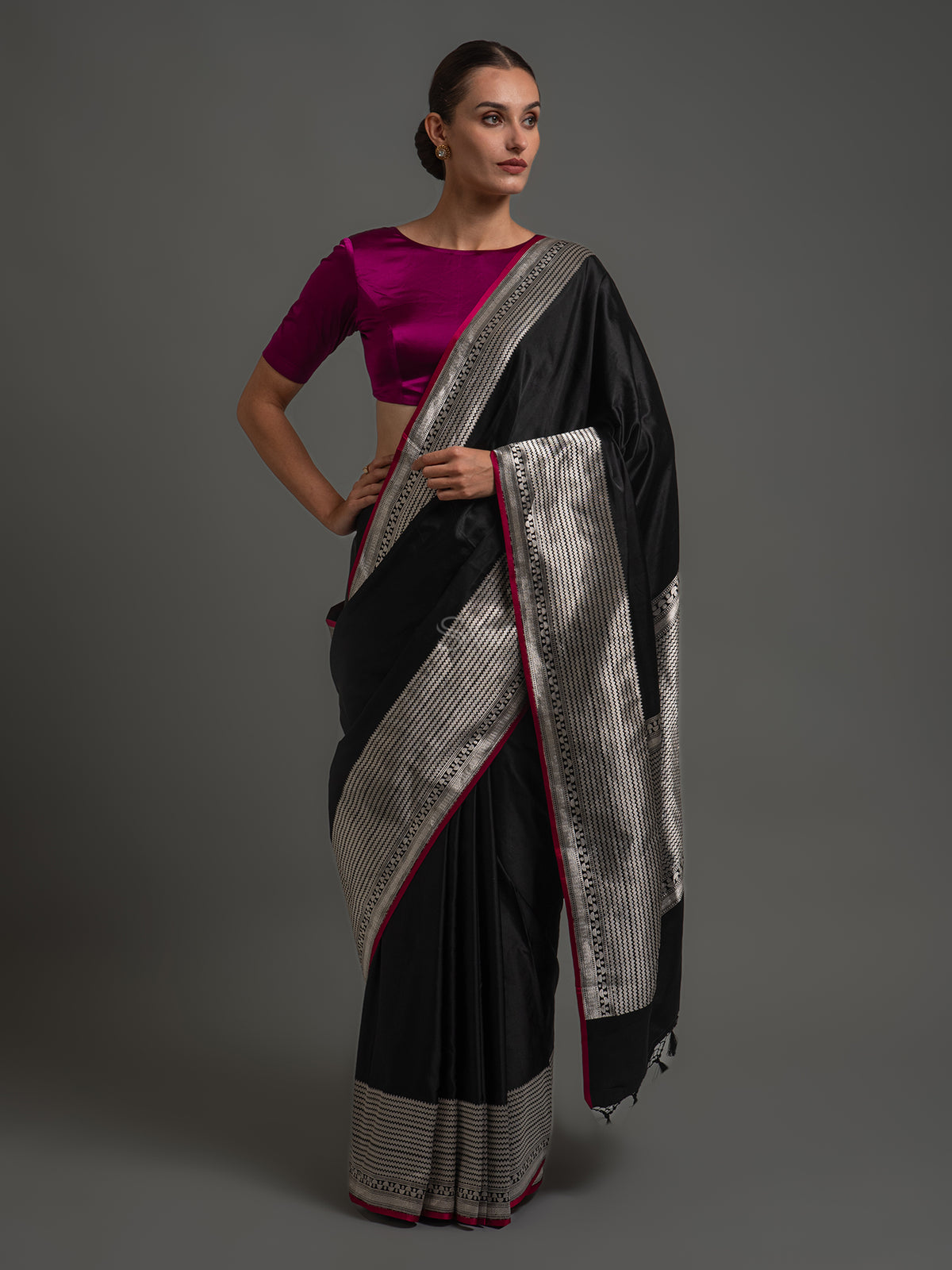 Black Plain Satin Silk Handloom Banarasi Saree - Sacred Weaves