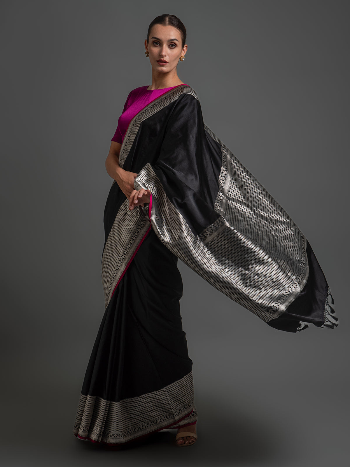 Black Plain Satin Silk Handloom Banarasi Saree - Sacred Weaves