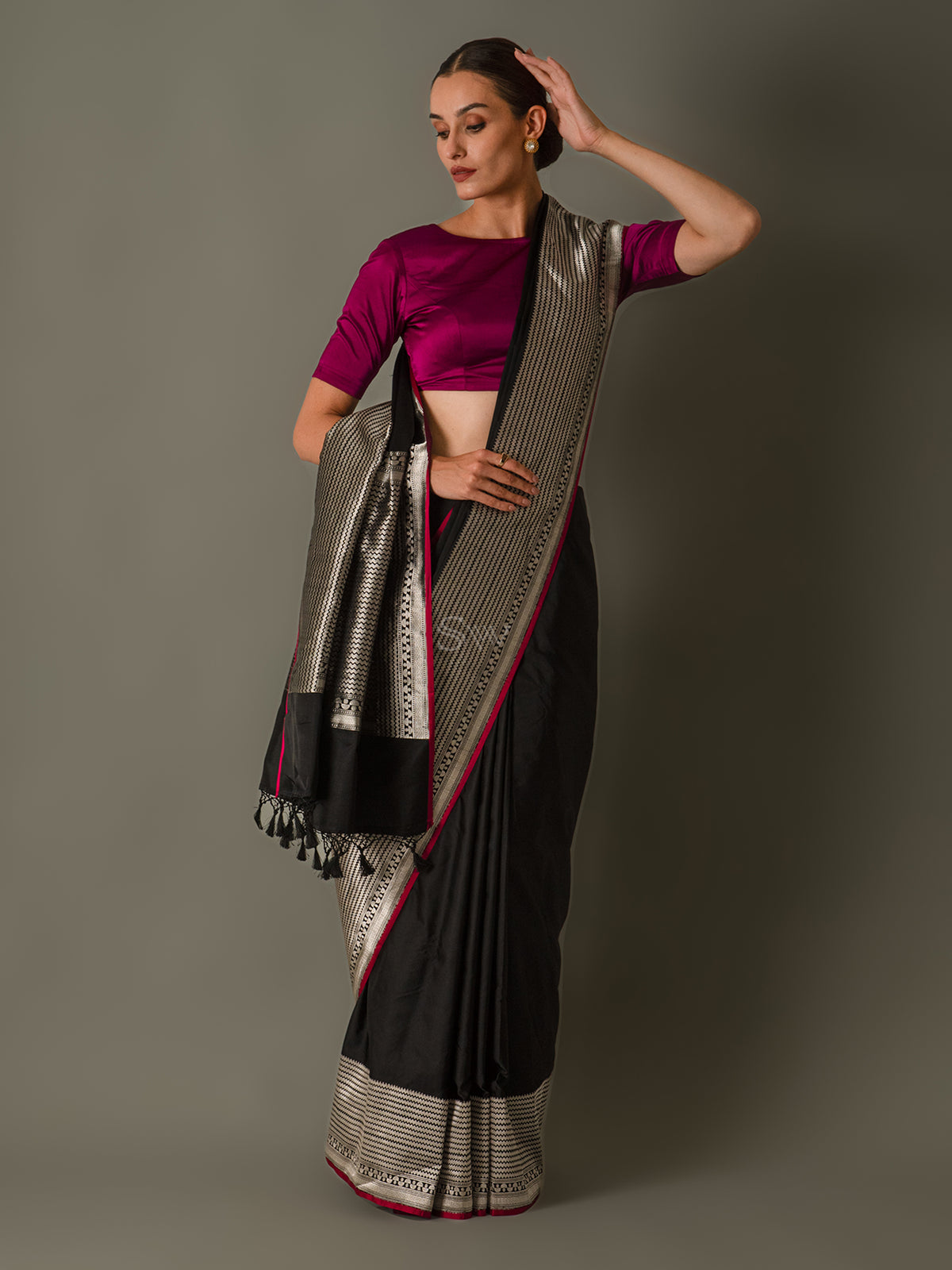 Black Plain Satin Silk Handloom Banarasi Saree - Sacred Weaves