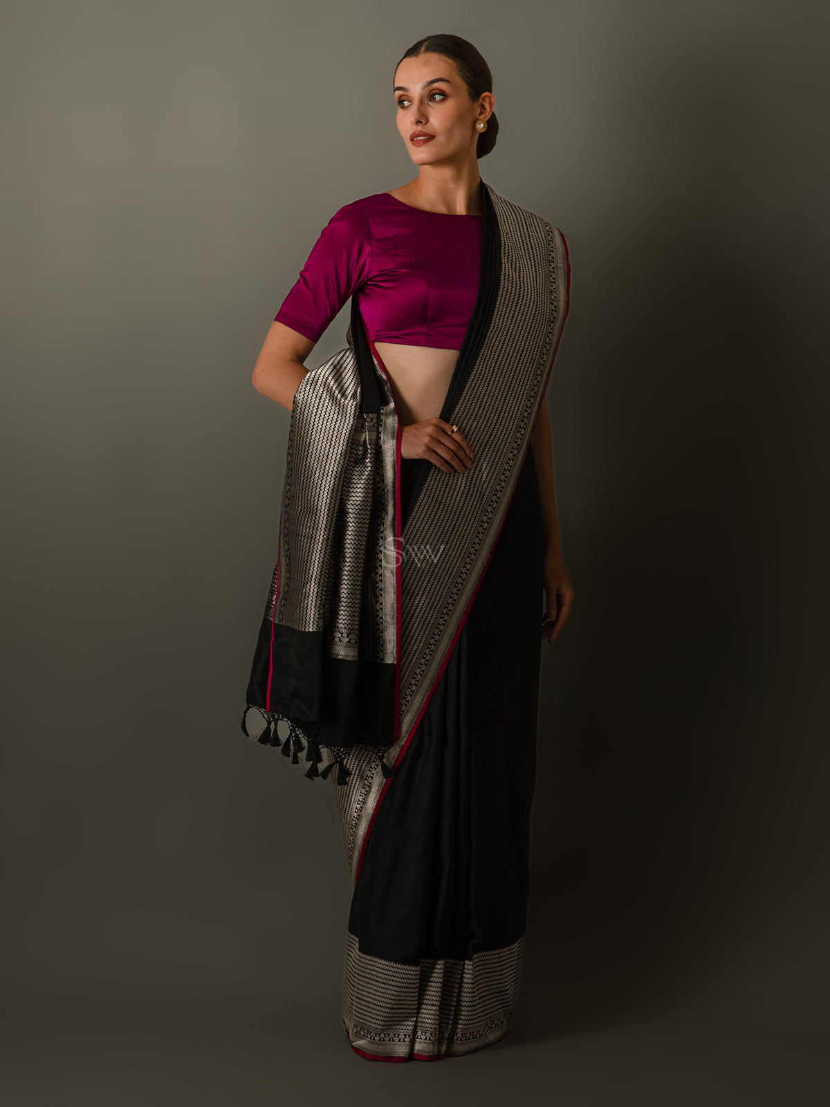 Black Plain Satin Silk Handloom Banarasi Saree - Sacred Weaves