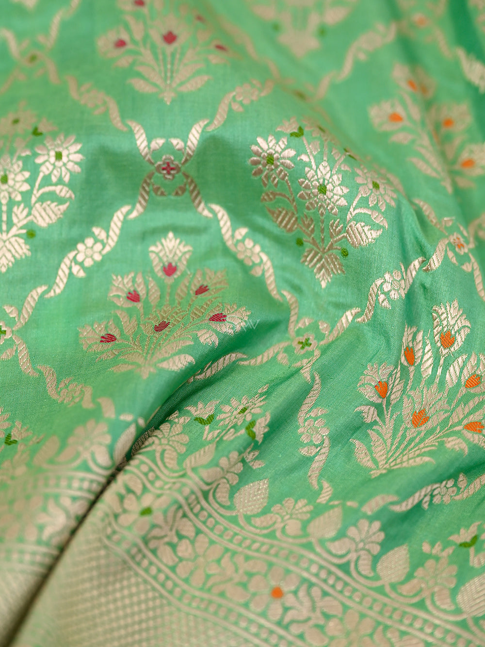 Sea Green Meenakari Uppada Katan Silk Handloom Banarasi Fabric - Sacred Weaves