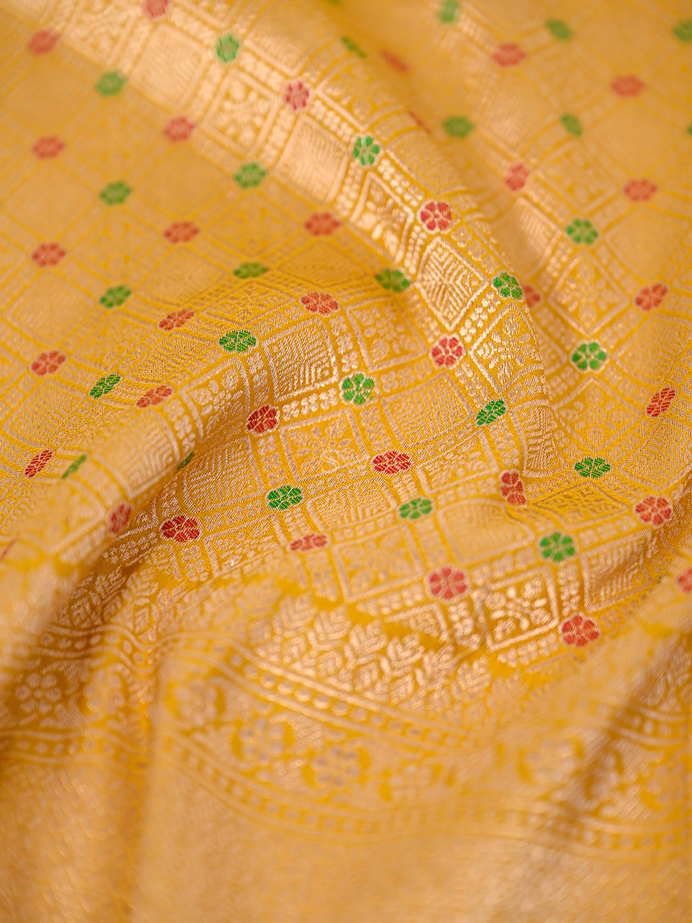 Mustard Brocade Katan Silk Handloom Banarasi Fabric - Sacred Weaves