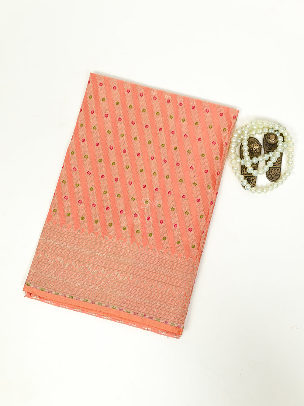 Peach Meenakari Brocade Katan Silk Handloom Banarasi Fabric - Sacred Weaves