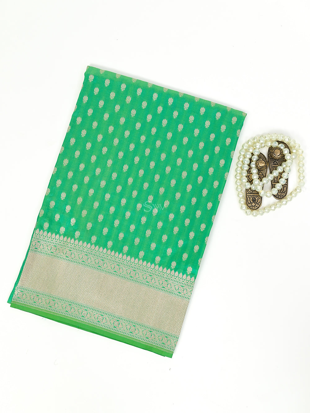 Green Booti Katan Silk Handloom Banarasi Fabric - Sacred Weaves