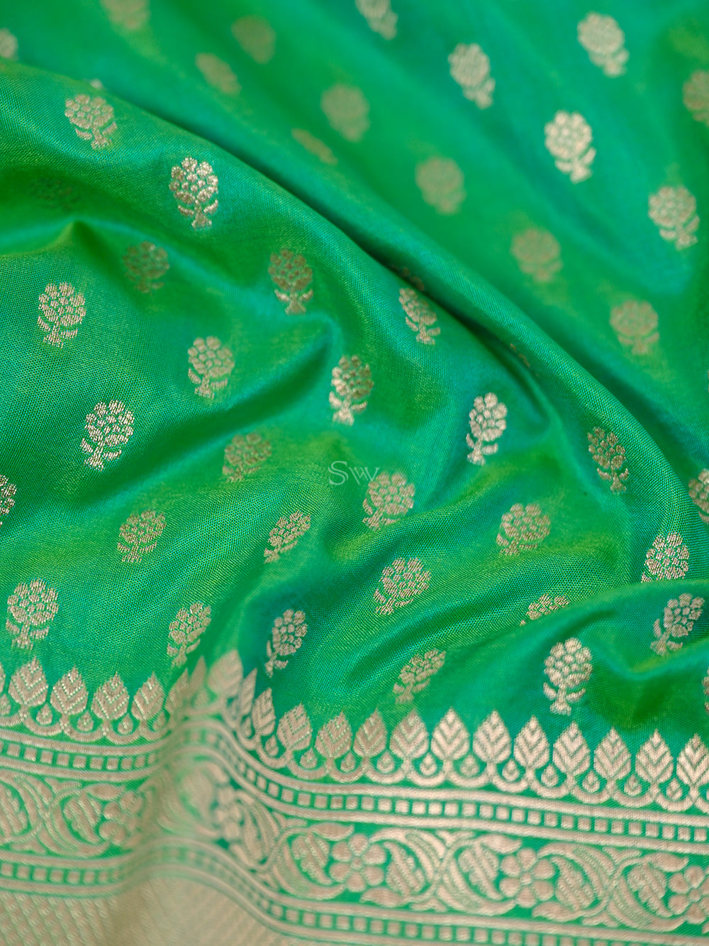 Green Booti Katan Silk Handloom Banarasi Fabric - Sacred Weaves