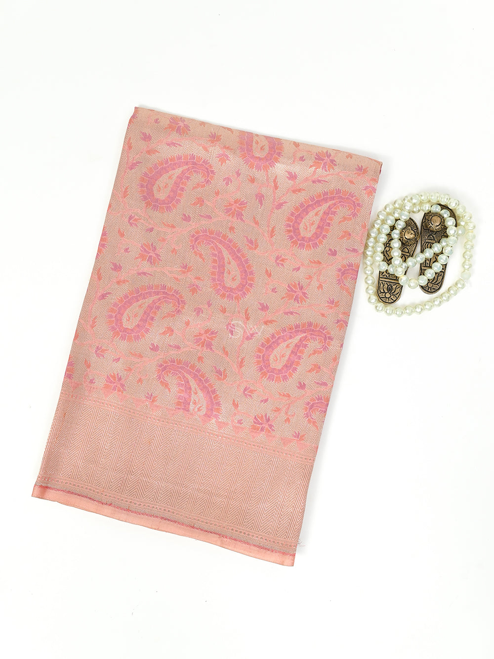 Pastel Pink Tanchoi Brocade Katan Silk Handloom Banarasi Fabric - Sacred Weaves