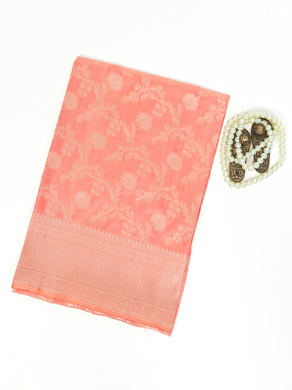 Peach Uppada Katan Silk Handloom Banarasi Fabric - Sacred Weaves