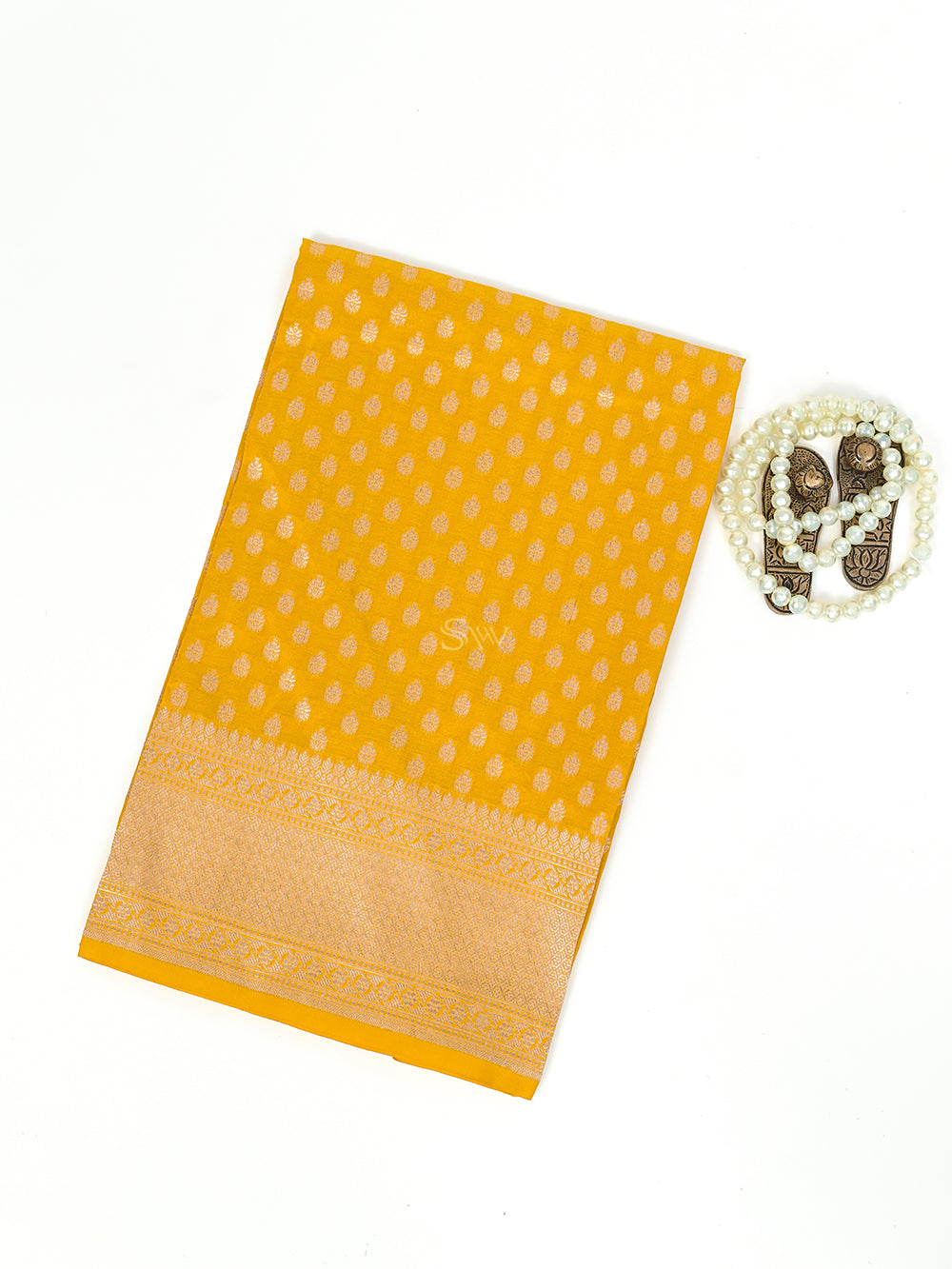 Yellow Booti Katan Silk Handloom Banarasi Fabric - Sacred Weaves