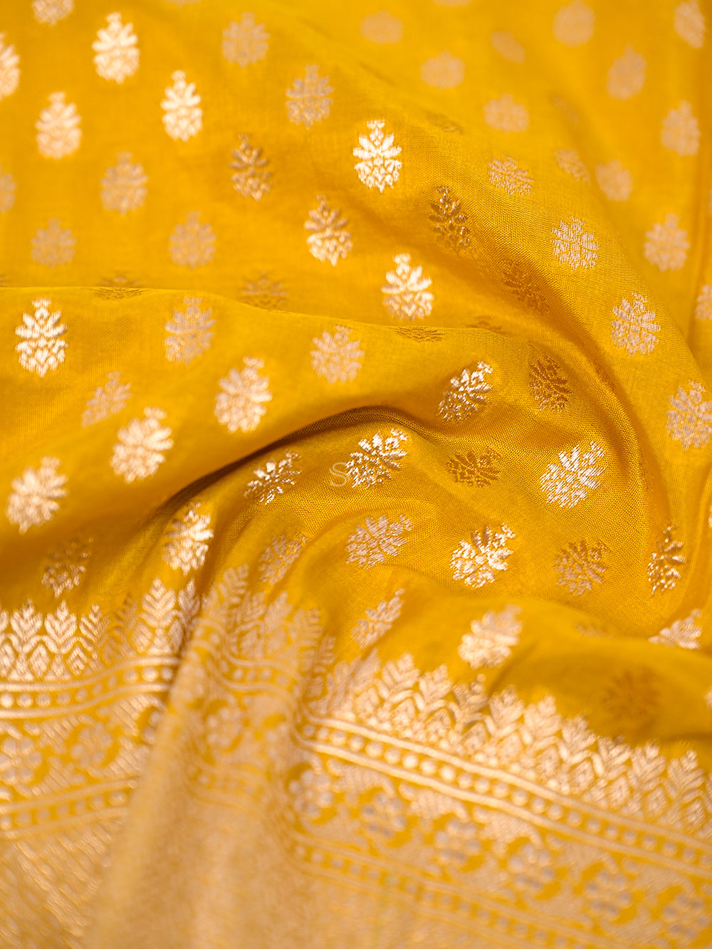 Yellow Booti Katan Silk Handloom Banarasi Fabric - Sacred Weaves