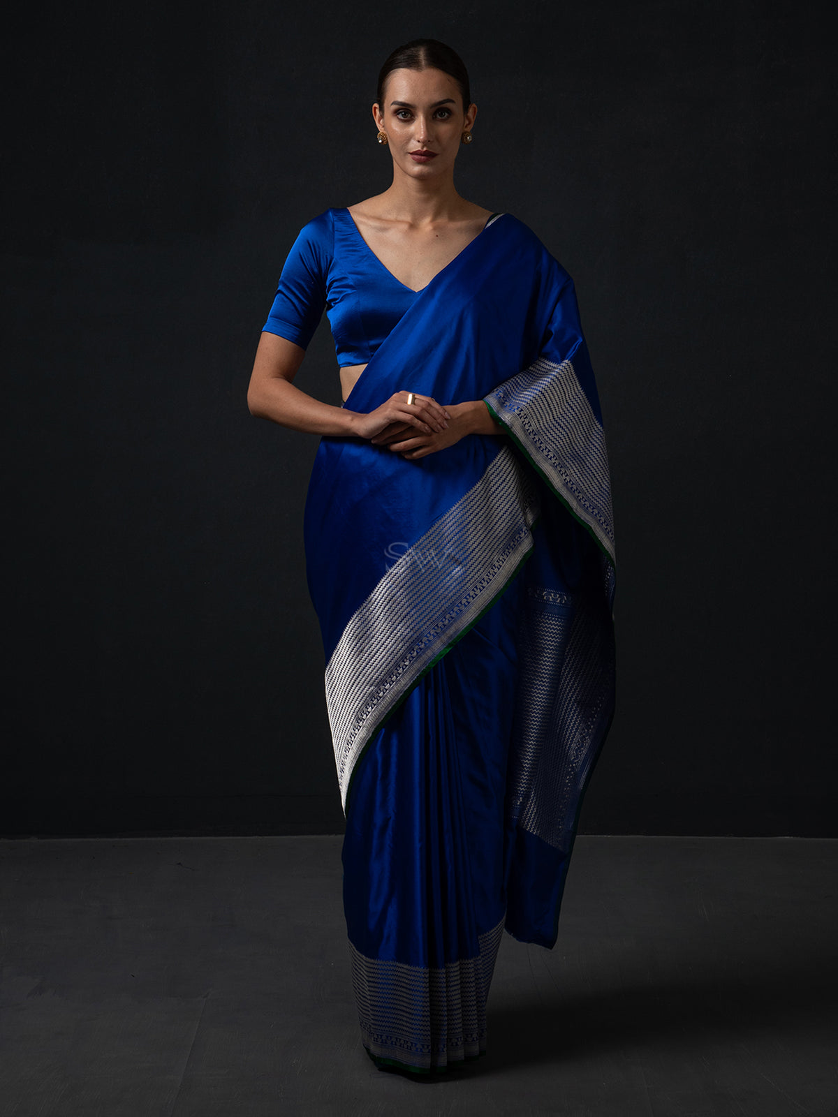 Royal Blue Plain Satin Silk Handloom Banarasi Saree - Sacred Weaves