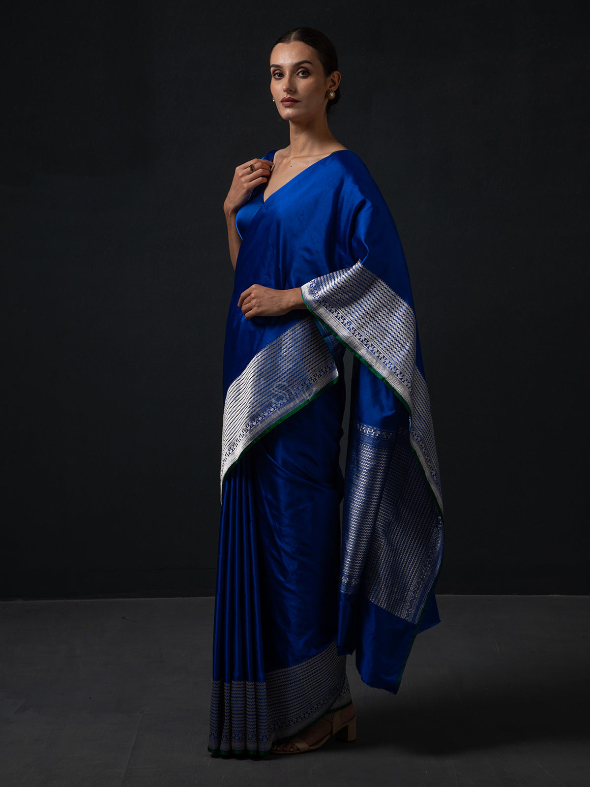 Royal Blue Plain Satin Silk Handloom Banarasi Saree - Sacred Weaves