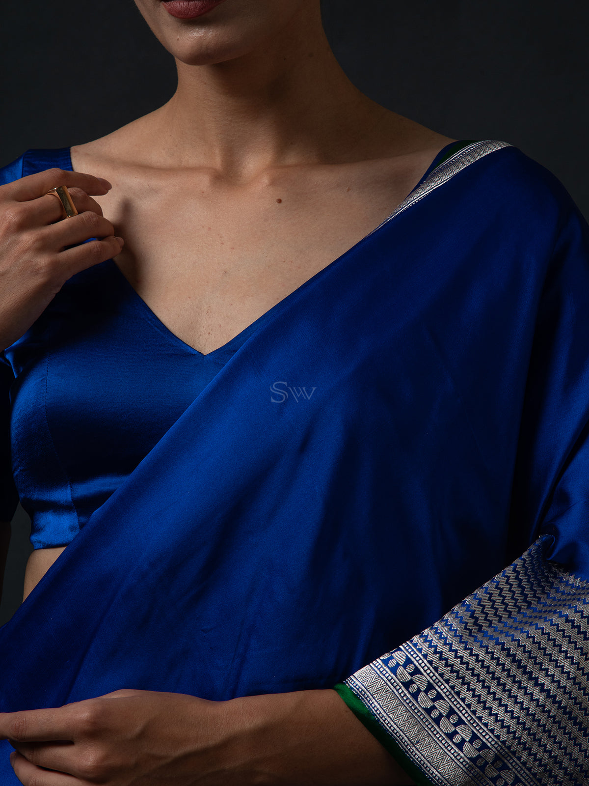 Royal Blue Plain Satin Silk Handloom Banarasi Saree - Sacred Weaves