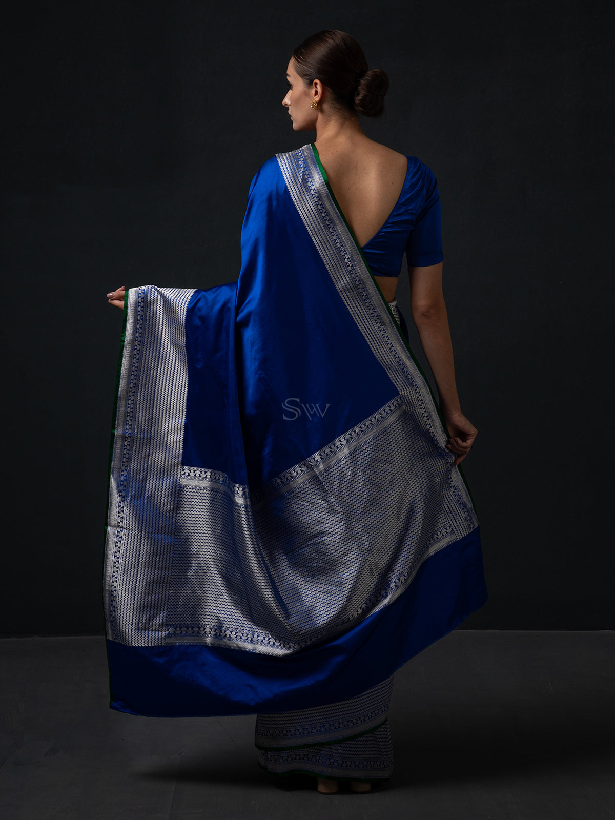 Royal Blue Plain Satin Silk Handloom Banarasi Saree - Sacred Weaves