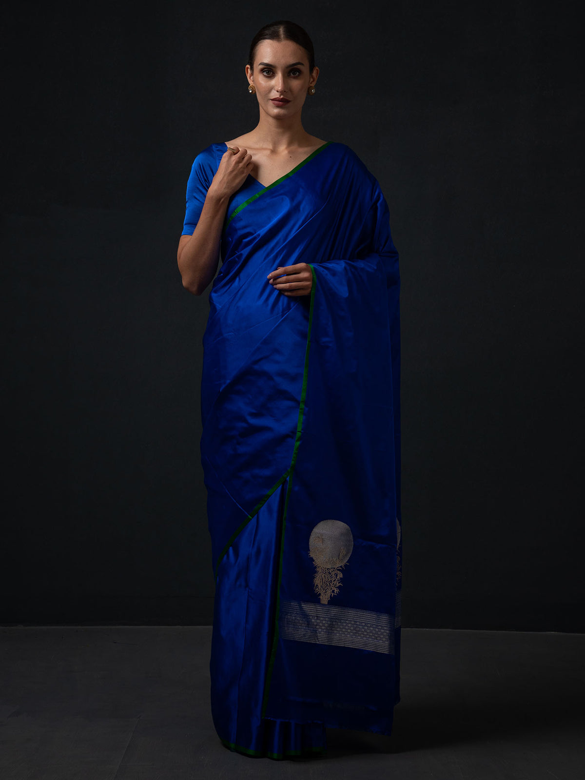 Royal Blue Plain Satin Silk Handloom Banarasi Saree - Sacred Weaves