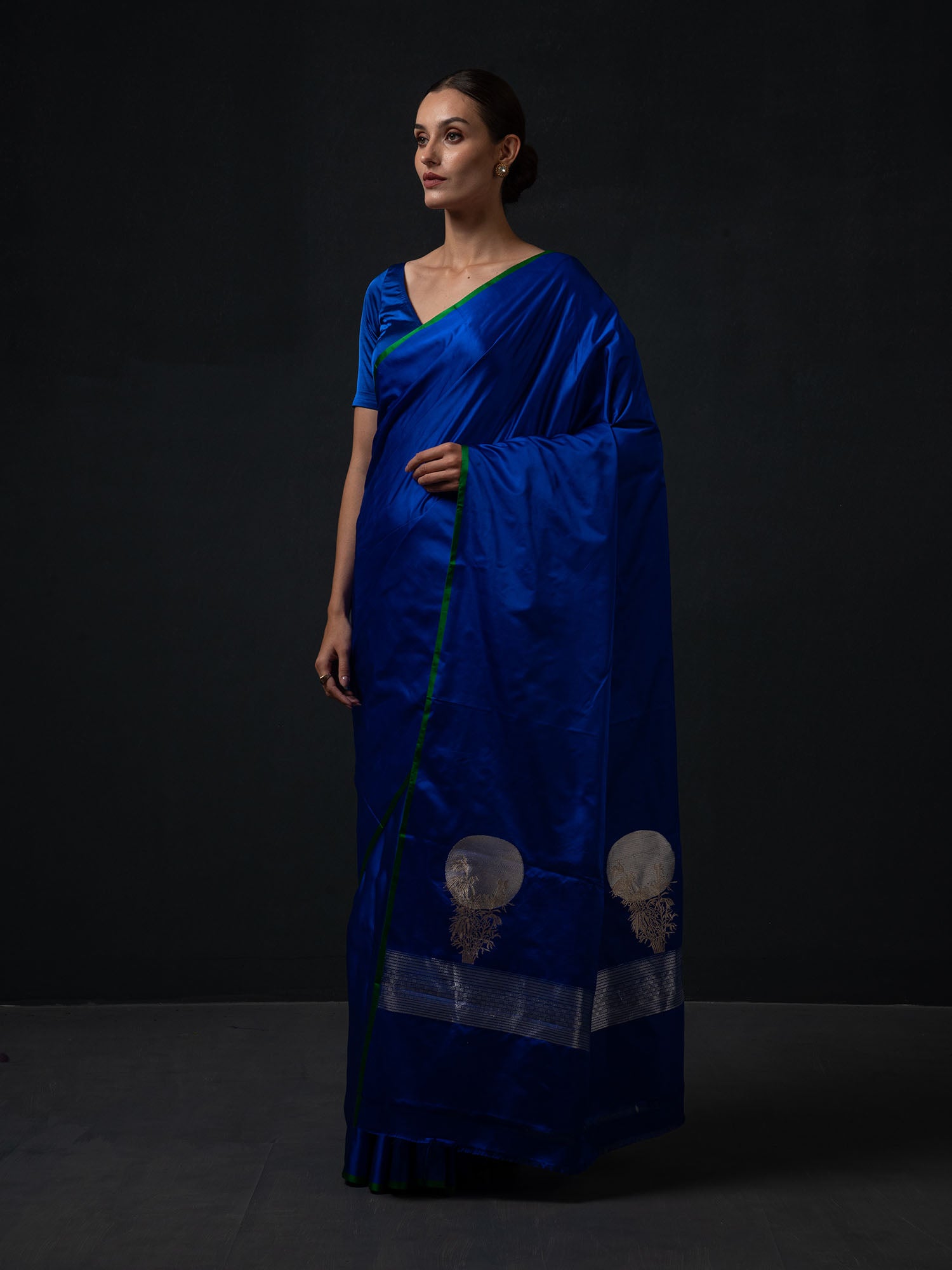 Royal Blue Plain Satin Silk Handloom Banarasi Saree - Sacred Weaves