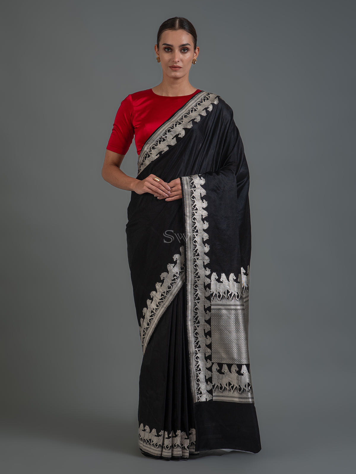 Black Shikargah Satin Silk Handloom Banarasi Saree - Sacred Weaves