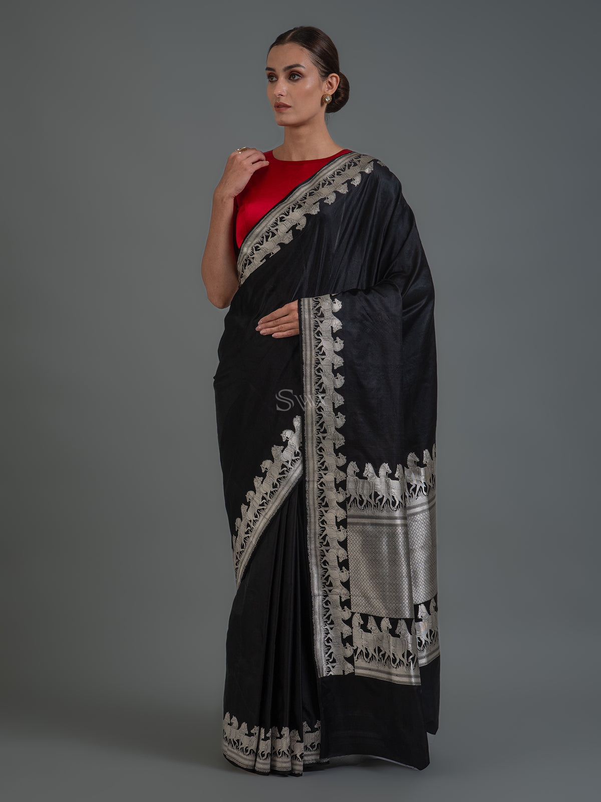 Black Shikargah Satin Silk Handloom Banarasi Saree - Sacred Weaves