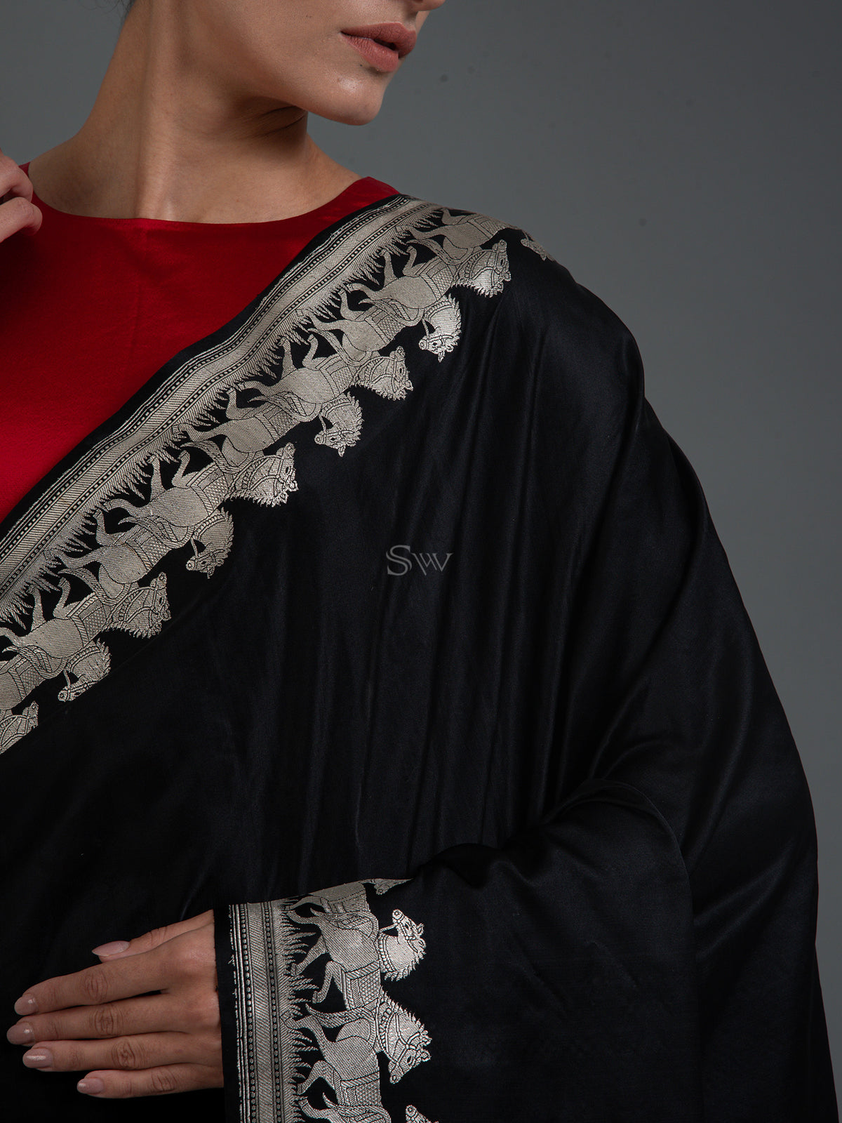 Black Shikargah Satin Silk Handloom Banarasi Saree - Sacred Weaves