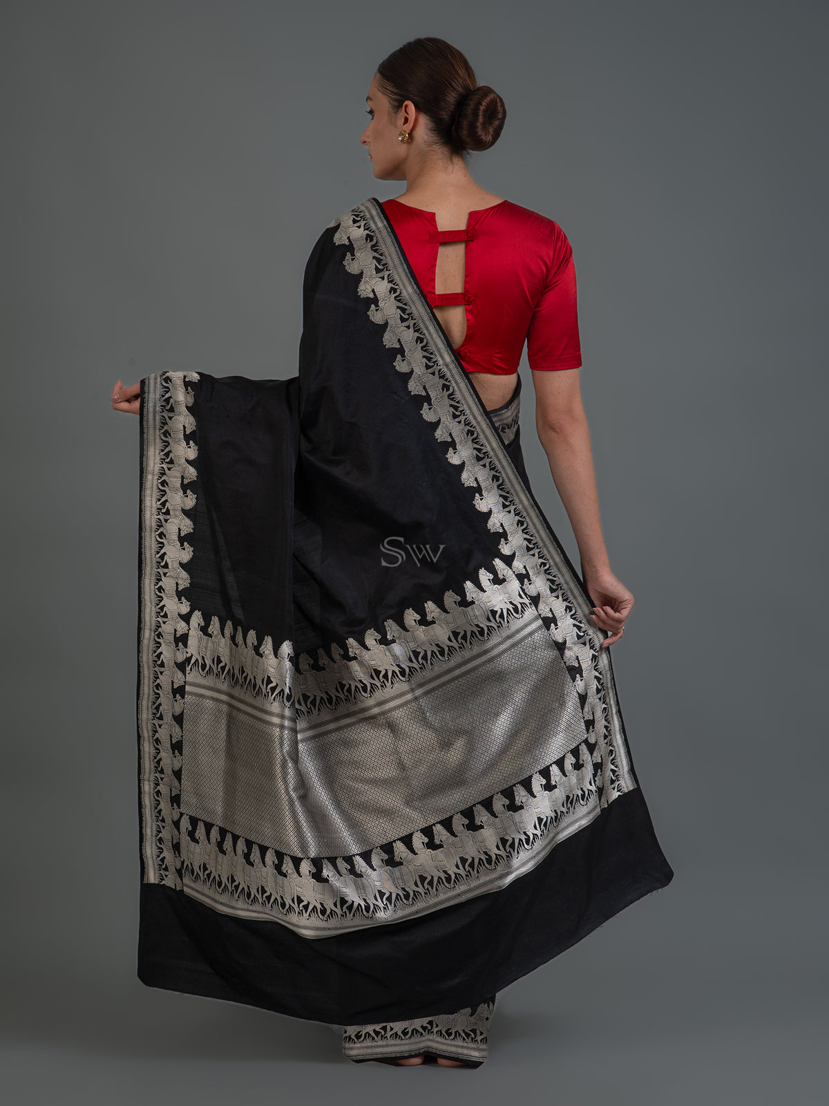 Black Shikargah Brocade Katan Silk Handloom Banarasi Saree Sacred Weaves