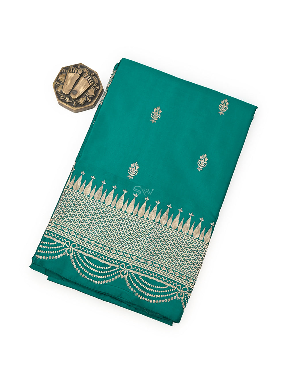 Teal Green Booti Satin Silk Handloom Banarasi Saree