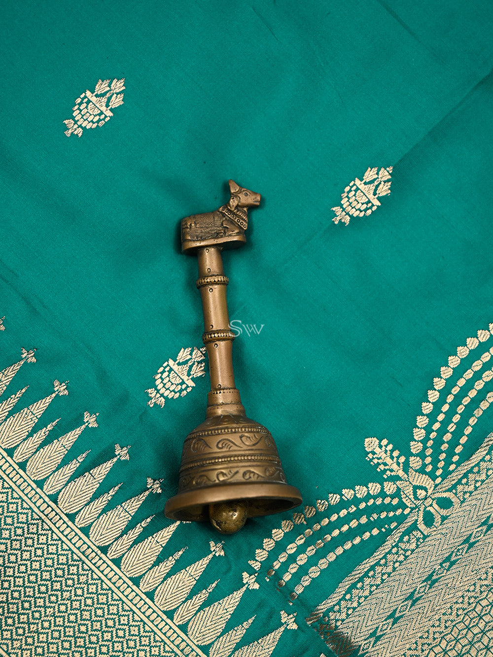 Teal Green Booti Satin Silk Handloom Banarasi Saree