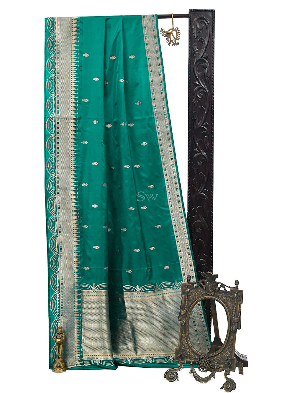 Teal Green Booti Satin Silk Handloom Banarasi Saree