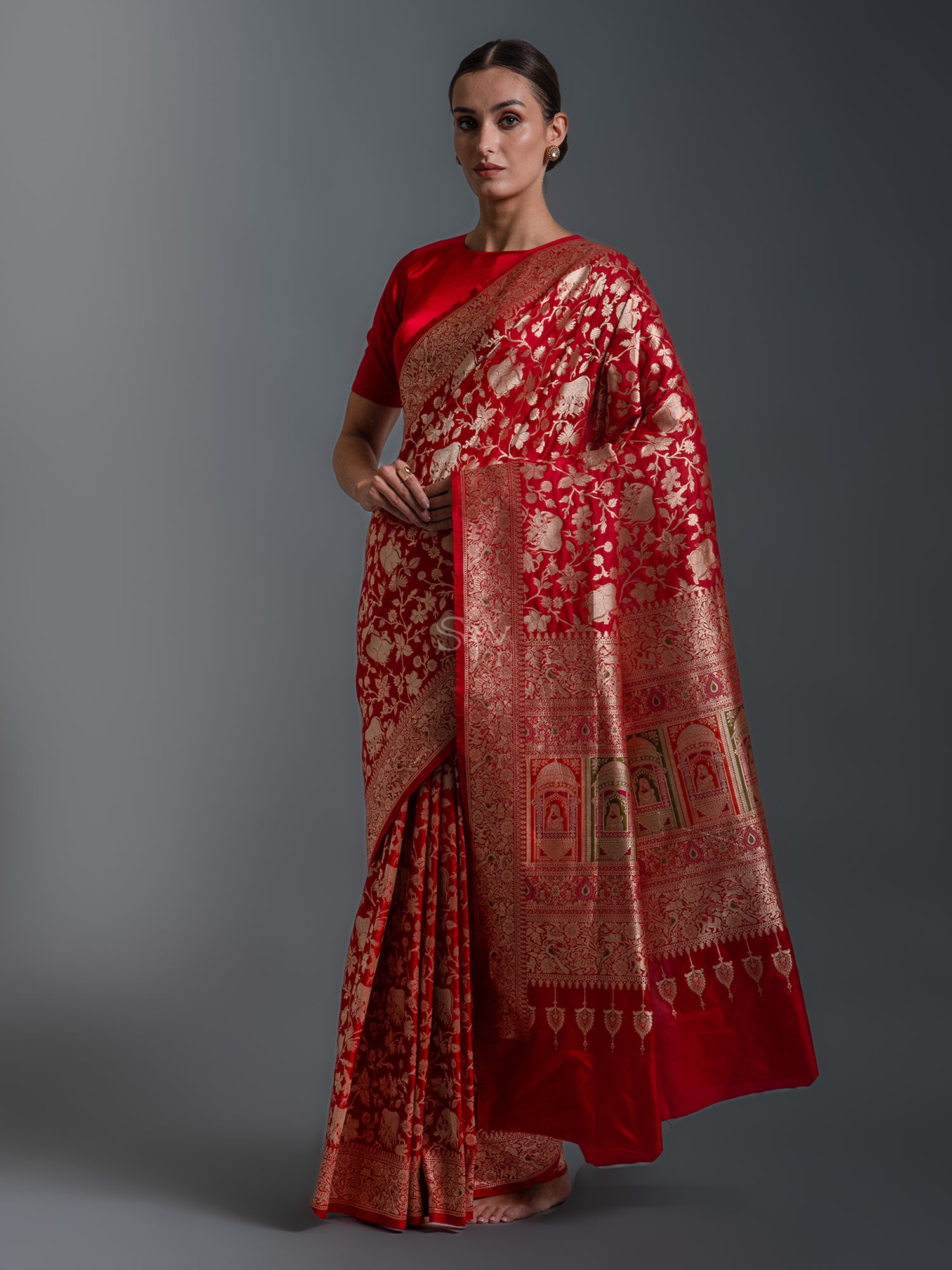 Red Shikargah Uppada Katan Silk Handloom Banarasi Saree - Sacred Weaves