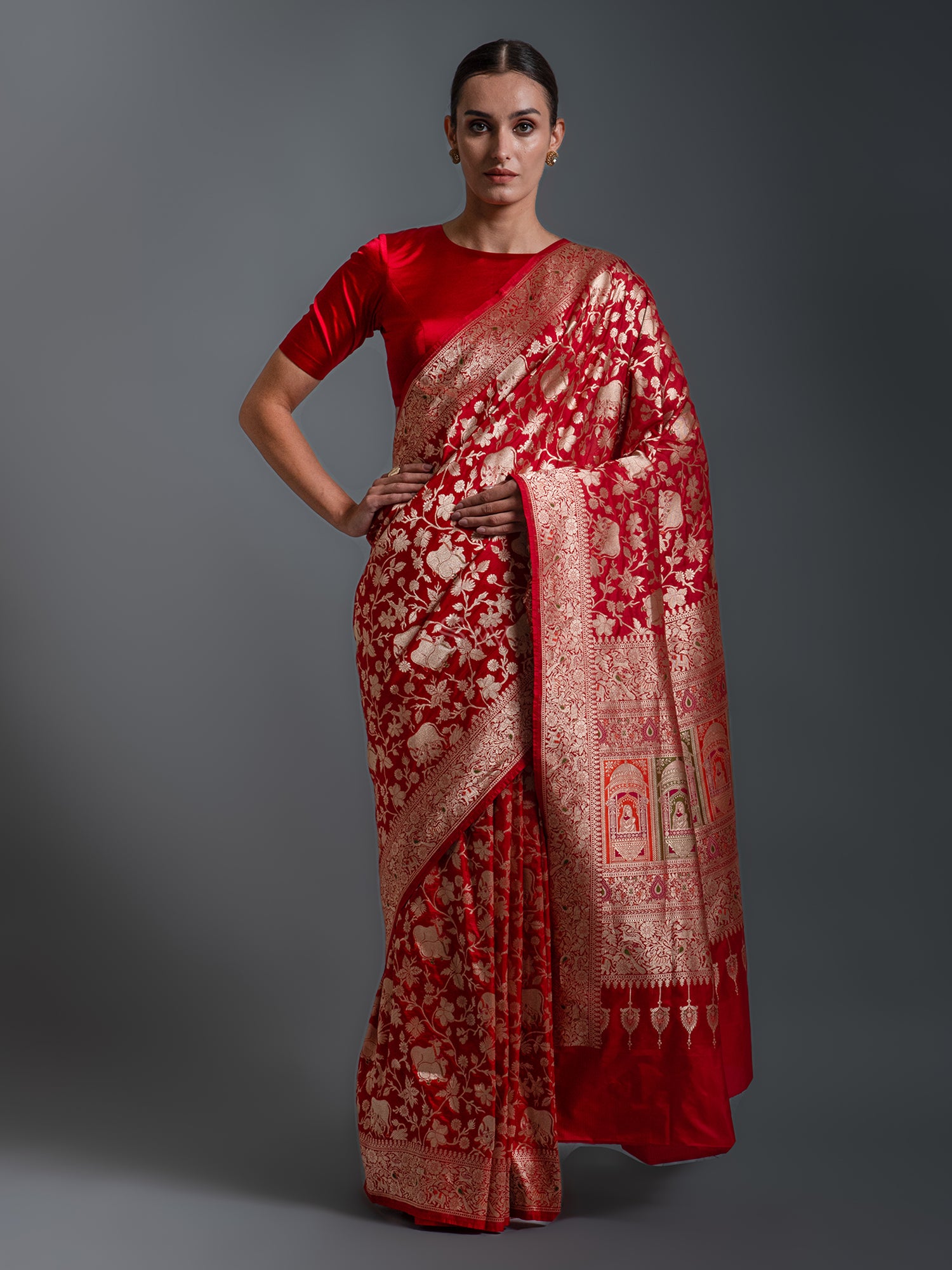 Red Shikargah Uppada Katan Silk Handloom Banarasi Saree - Sacred Weaves