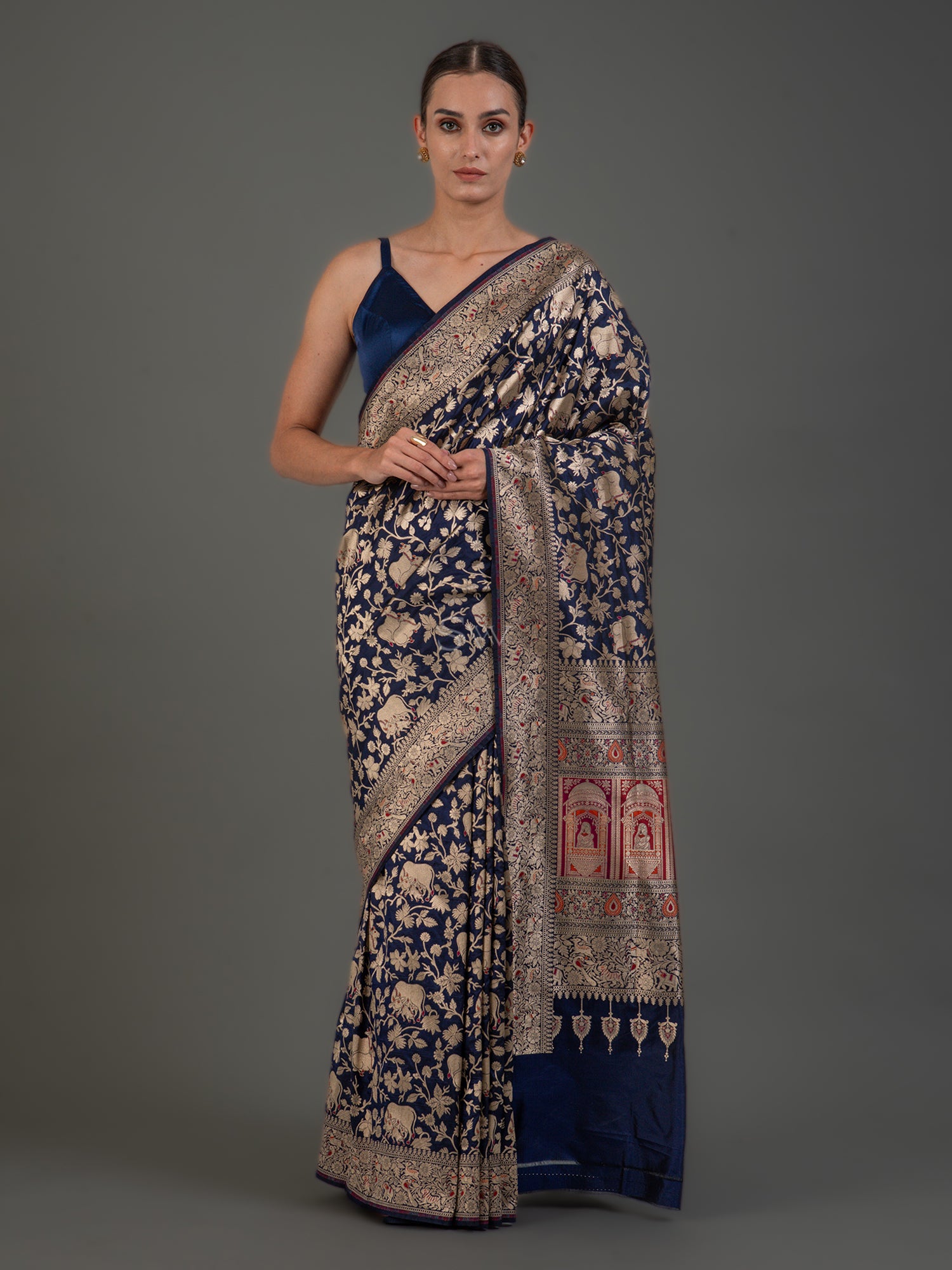 Inky Blue Shikargah Brocade Katan Silk Handloom Banarasi Saree - Sacred Weaves