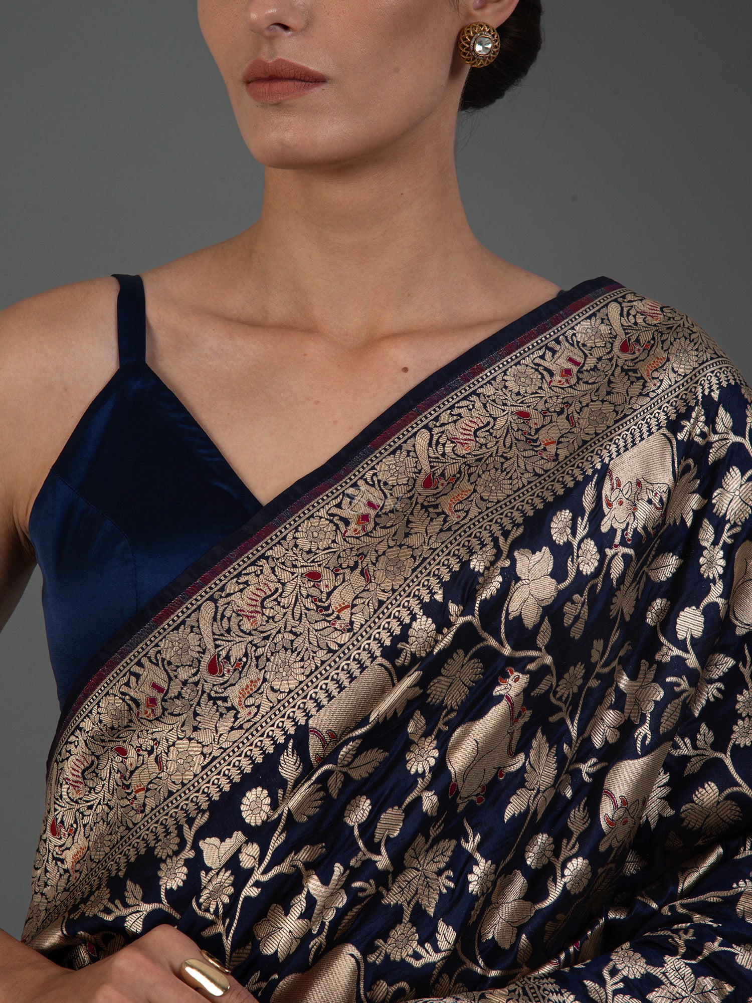 Inky Blue Shikargah Brocade Katan Silk Handloom Banarasi Saree - Sacred Weaves