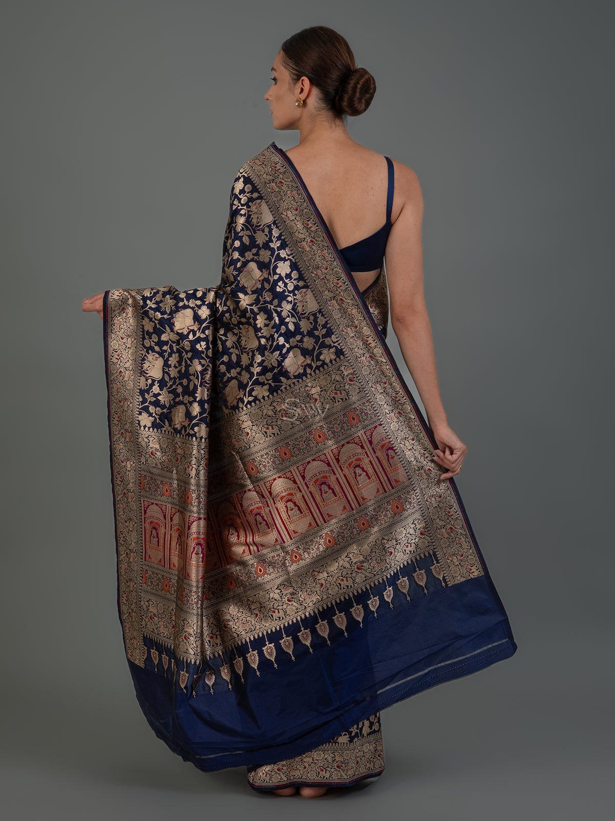 Inky Blue Shikargah Brocade Katan Silk Handloom Banarasi Saree - Sacred Weaves