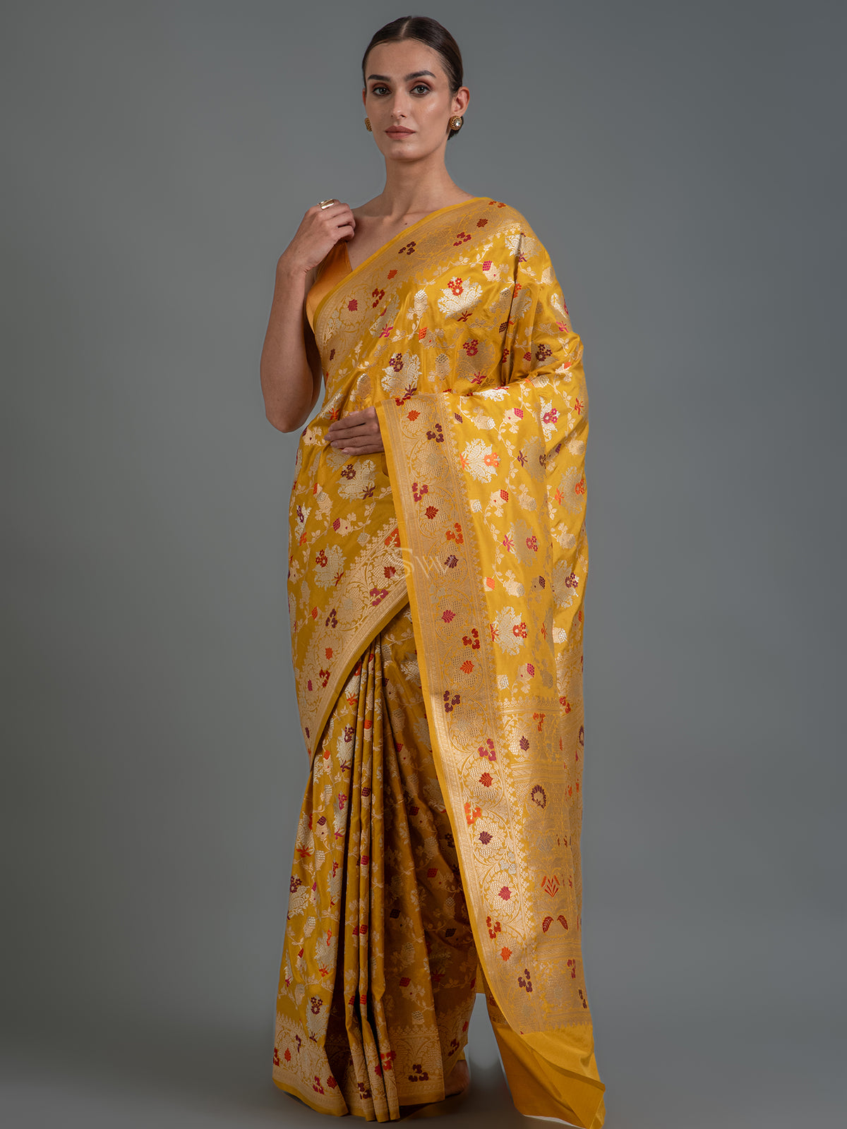 Mustard Meenakari Katan Silk Handloom Banarasi Saree - Sacred Weaves