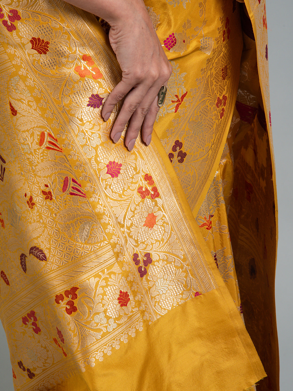 Mustard Meenakari Katan Silk Handloom Banarasi Saree - Sacred Weaves