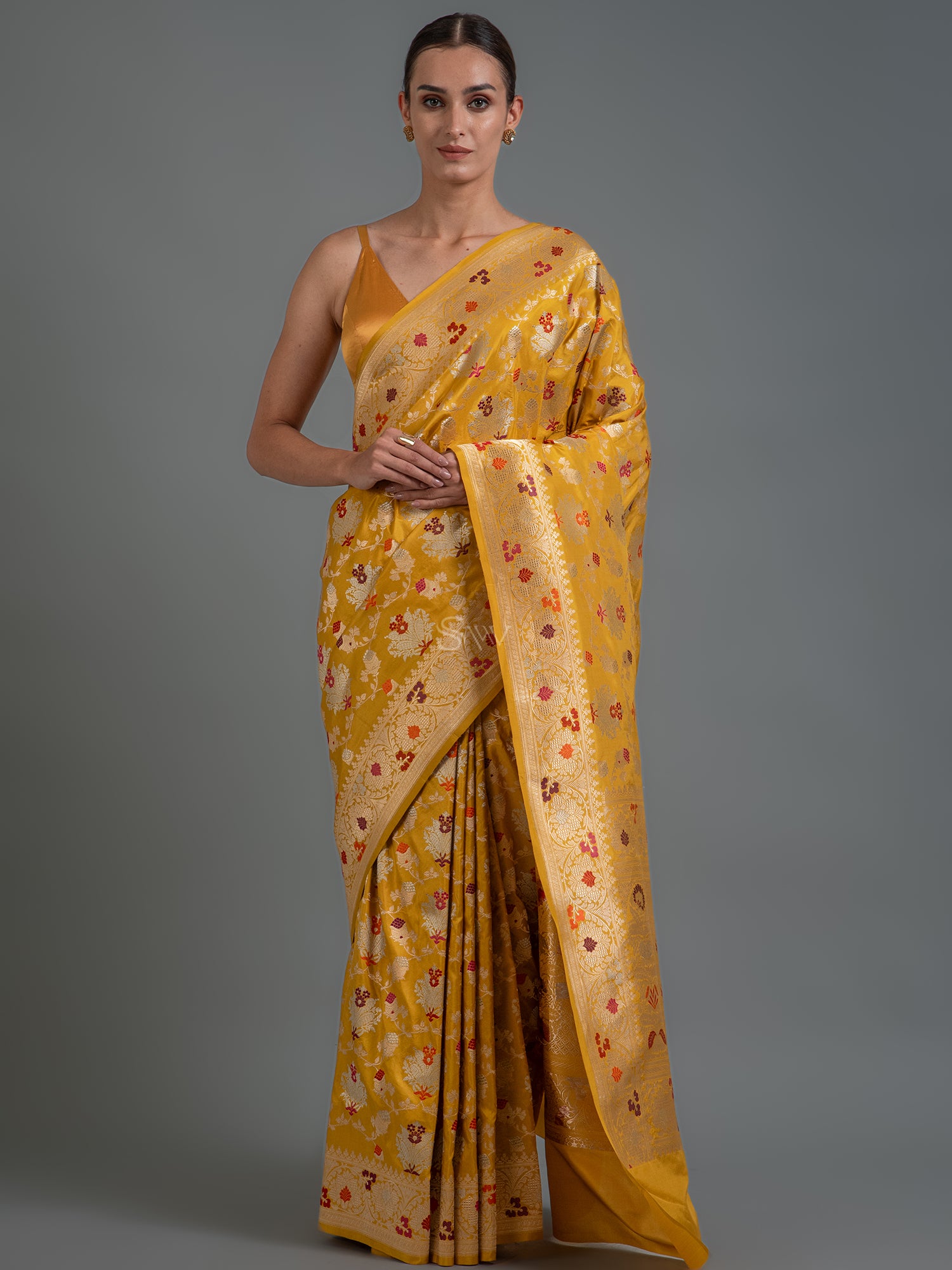 Mustard Meenakari Katan Silk Handloom Banarasi Saree - Sacred Weaves