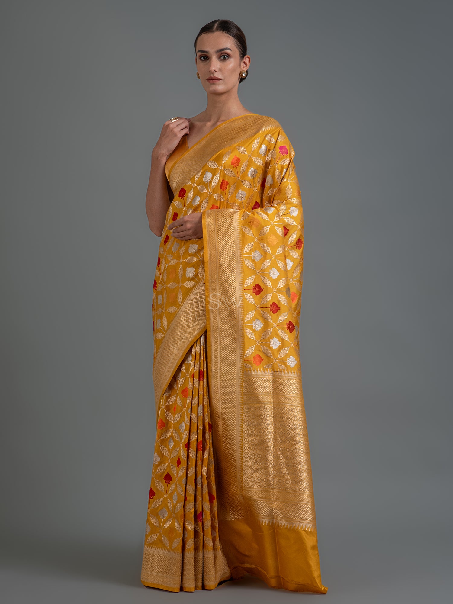 Mustard Meenakari Katan Silk Handloom Banarasi Saree - Sacred Weaves