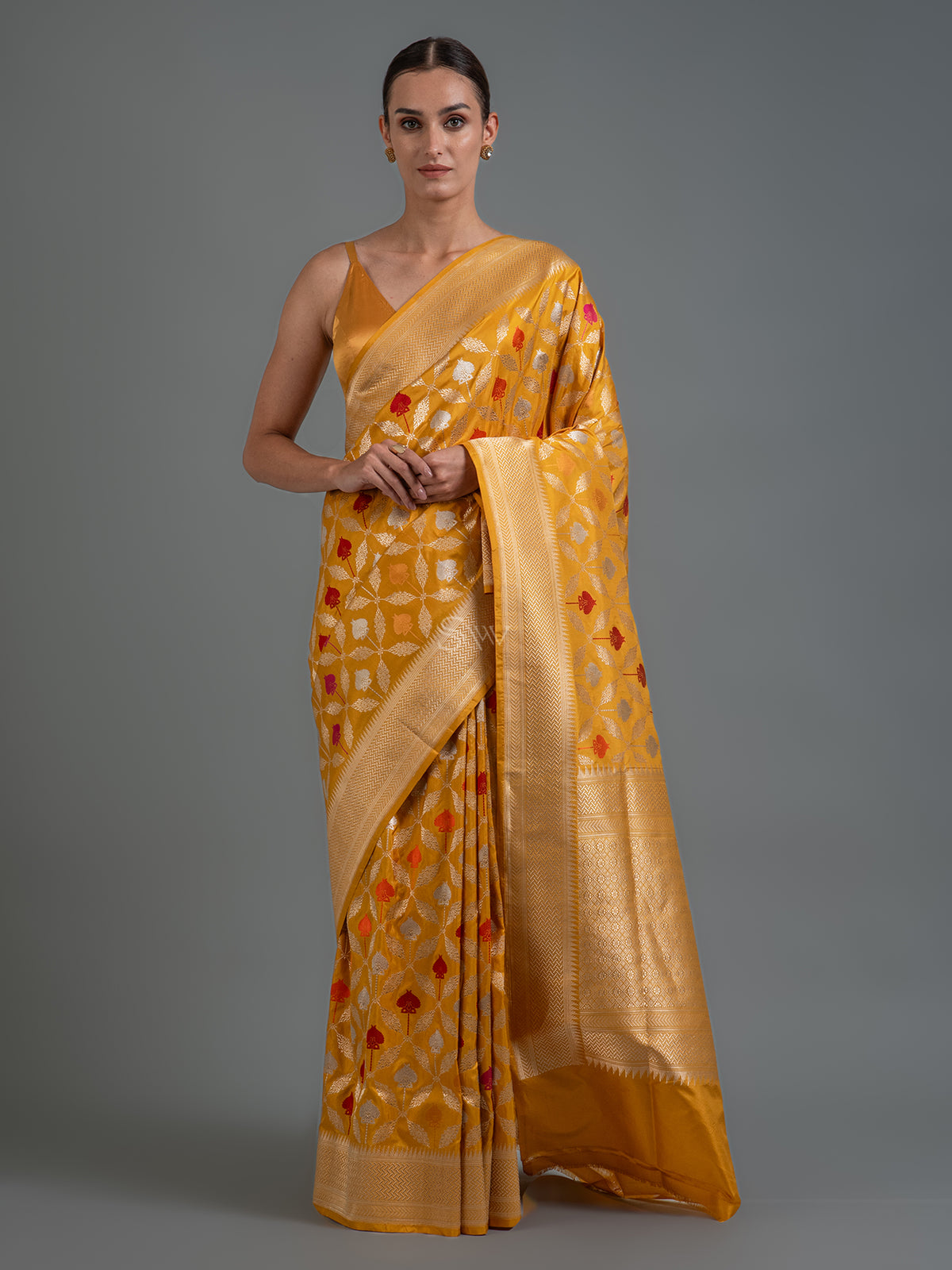 Mustard Meenakari Katan Silk Handloom Banarasi Saree - Sacred Weaves