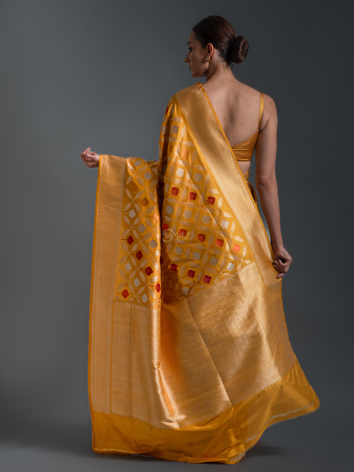 Mustard Meenakari Katan Silk Handloom Banarasi Saree - Sacred Weaves