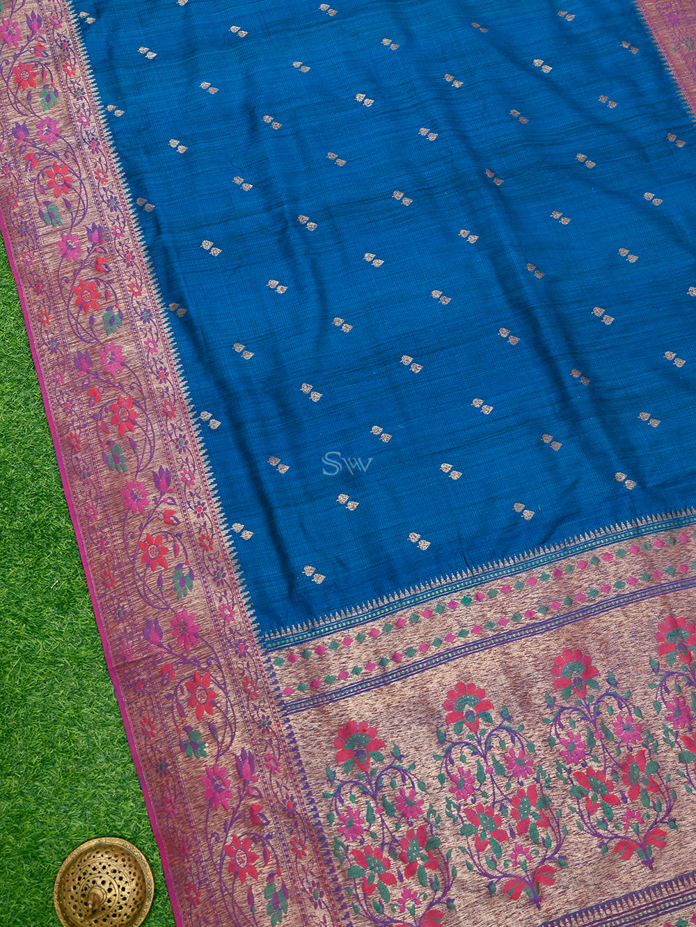 Midnight Blue Booti Dupion Silk Handloom Banarasi Saree - Sacred Weaves