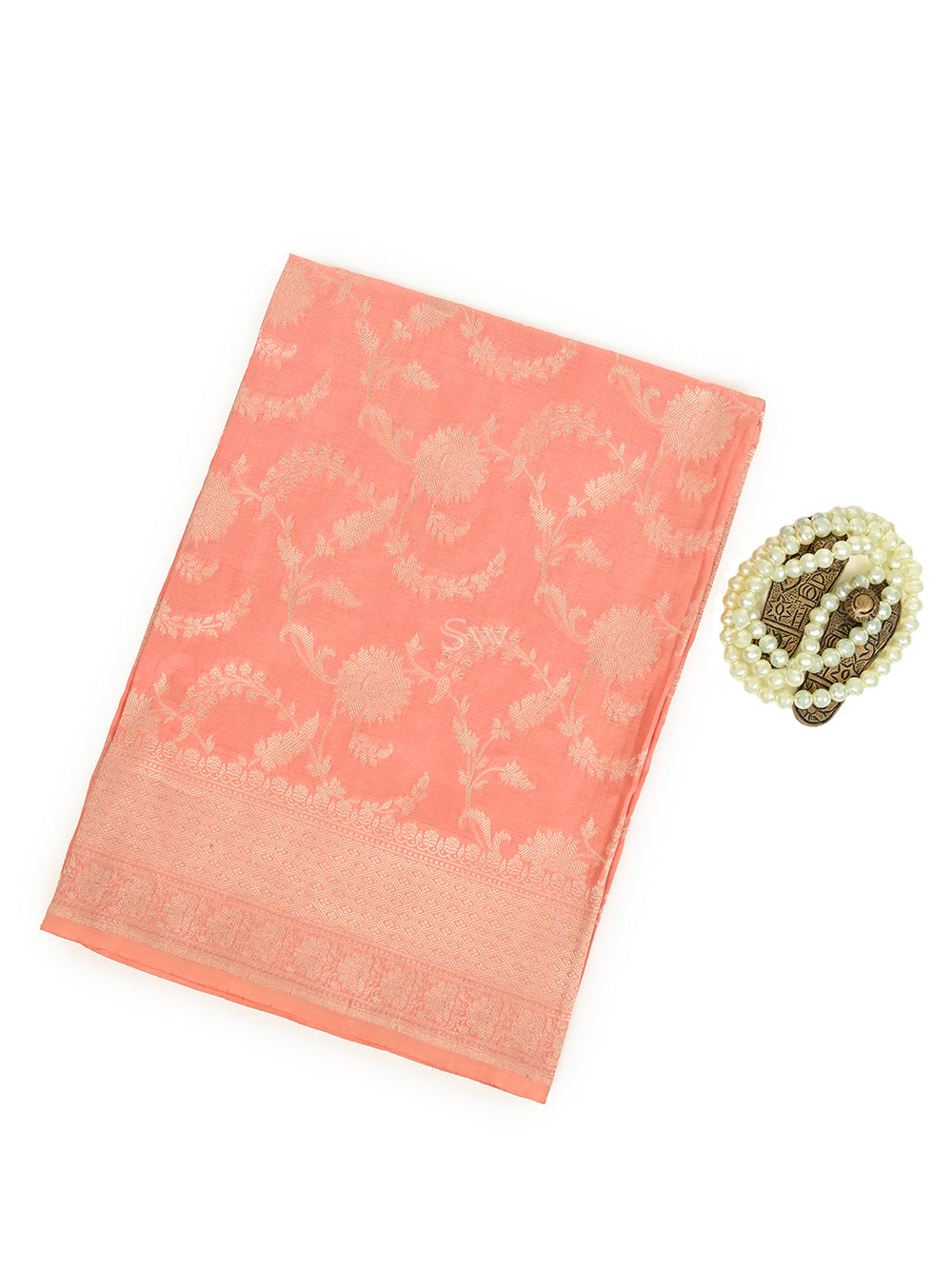 Pastel Peach Uppada Katan Silk Handloom Banarasi Fabric - Sacred Weaves