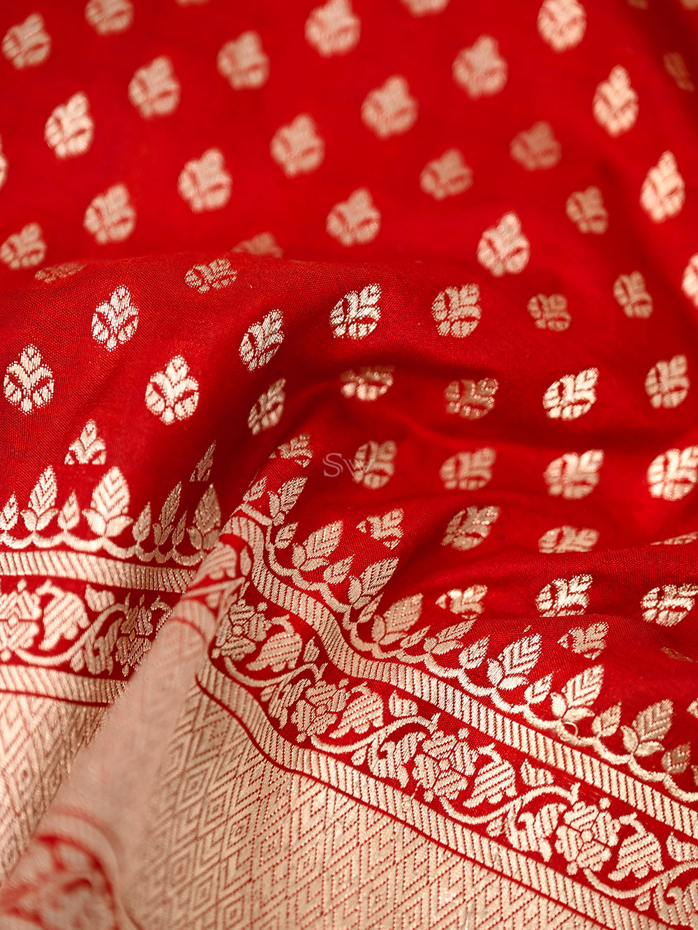 Red Booti Katan Silk Handloom Banarasi Fabric - Sacred Weaves