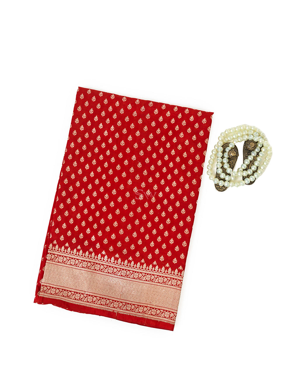 Red Booti Katan Silk Handloom Banarasi Fabric - Sacred Weaves