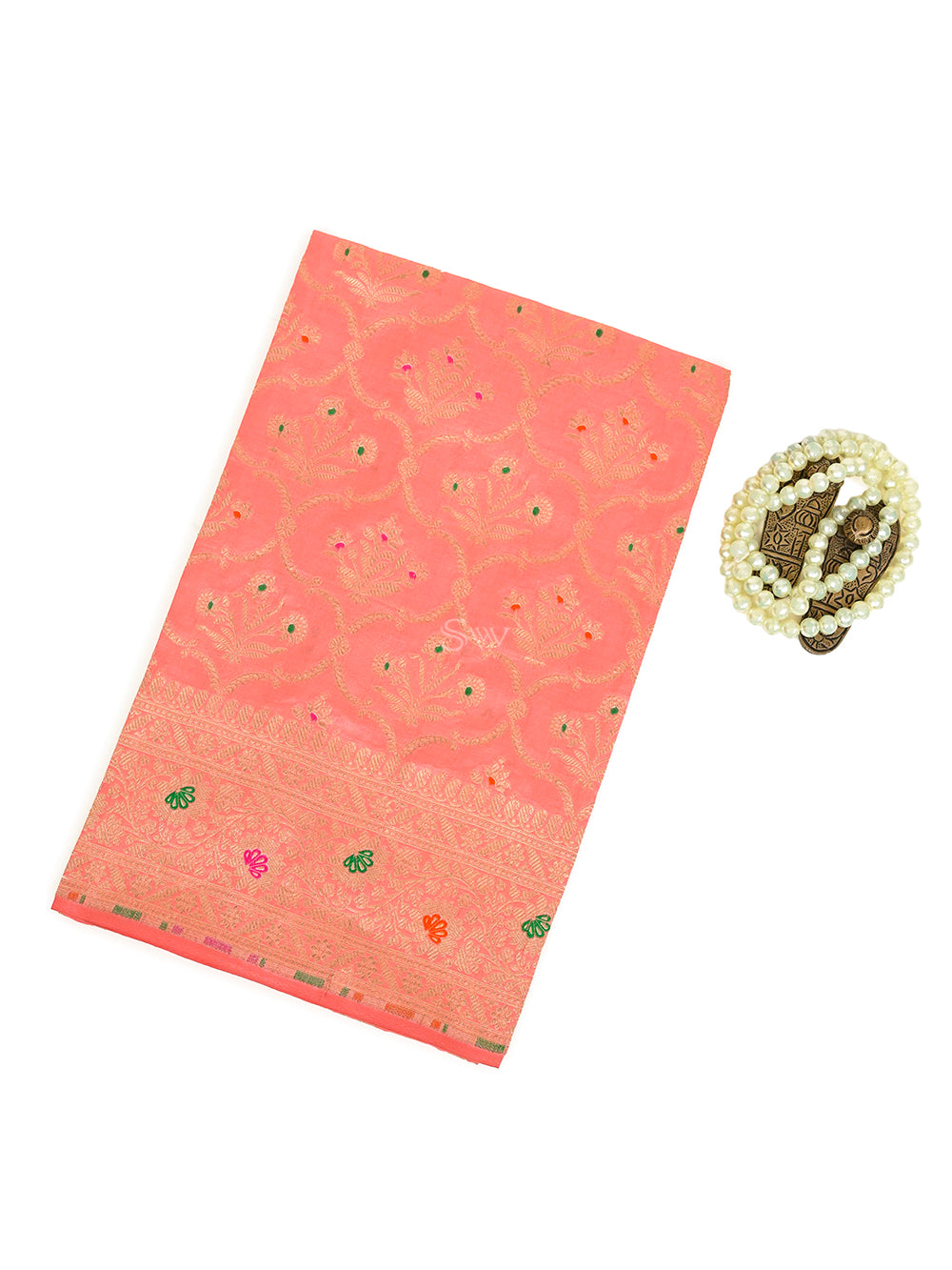 Pastel Peach Meenakari Katan Silk Handloom Banarasi Fabric - Sacred Weaves