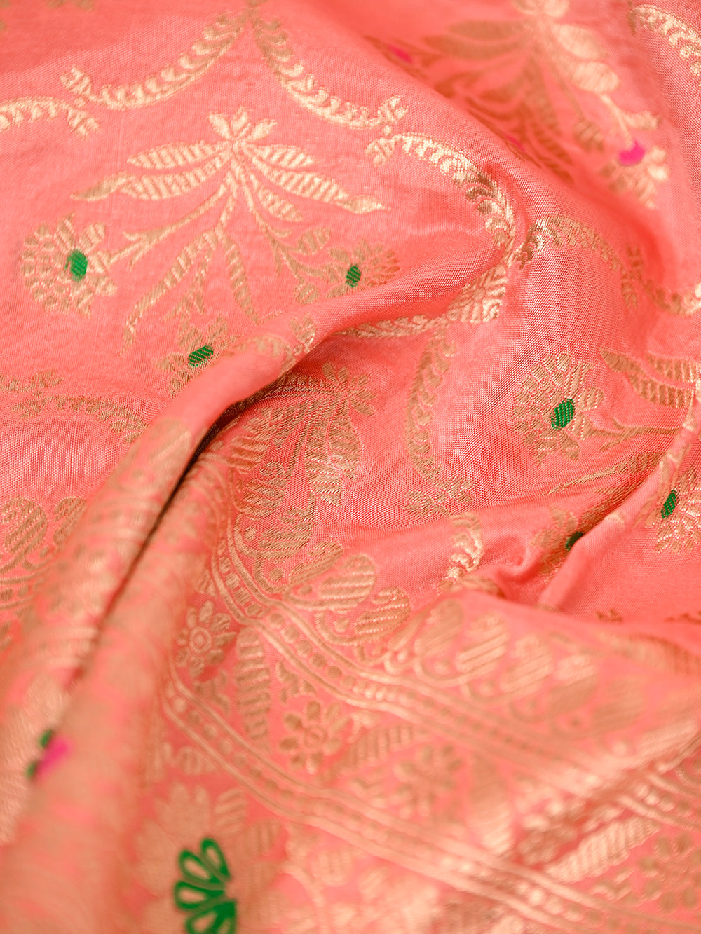 Pastel Peach Meenakari Katan Silk Handloom Banarasi Fabric - Sacred Weaves