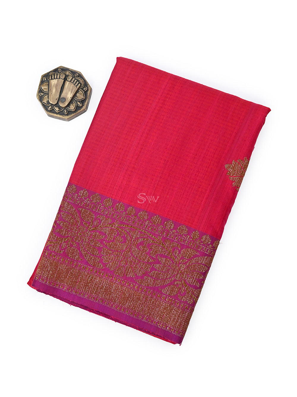 Red Plain Dupion Silk Handloom Banarasi Saree