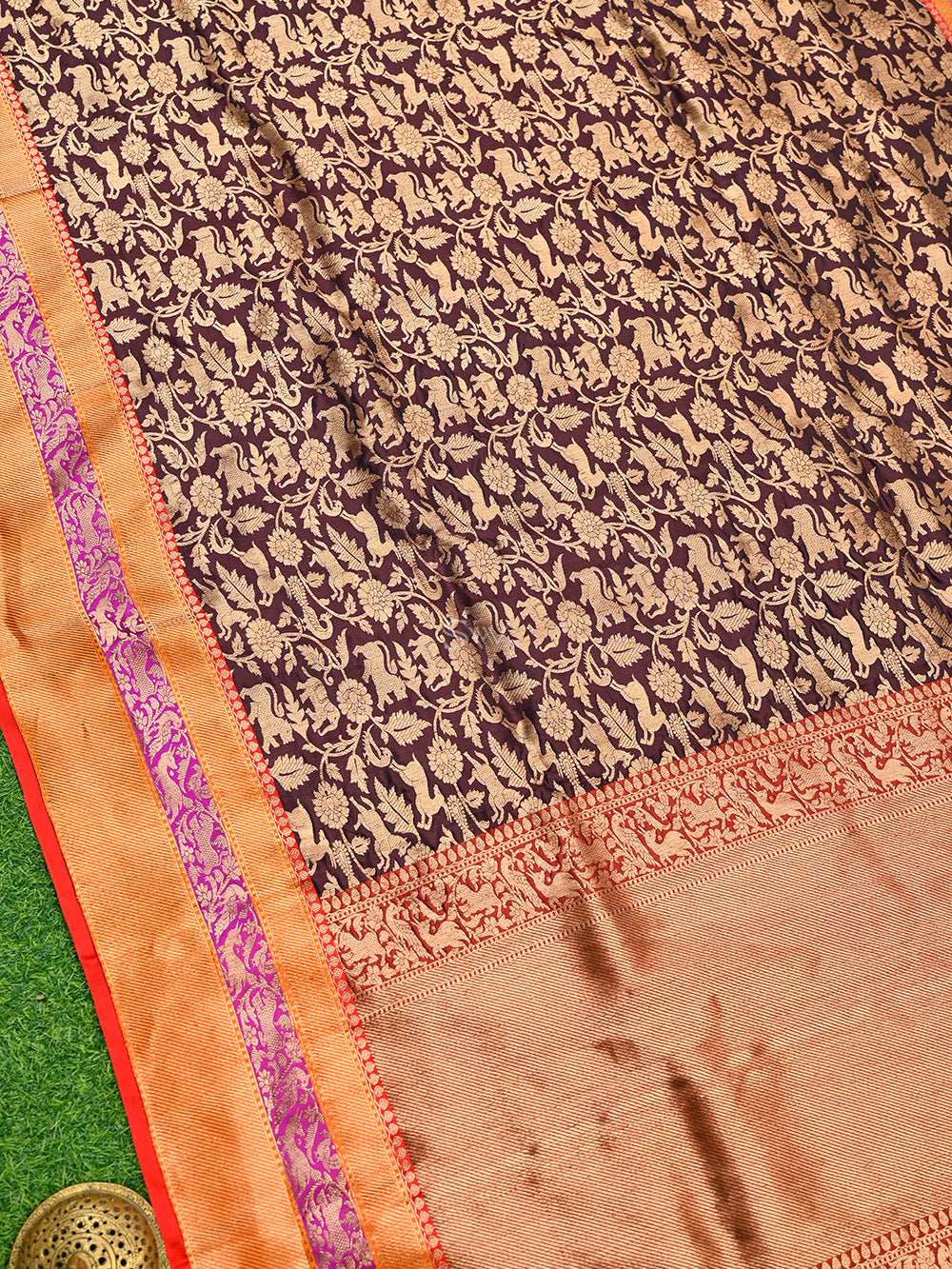 Wine Shikargah Katan Silk Handloom Banarasi Saree - Sacred Weaves