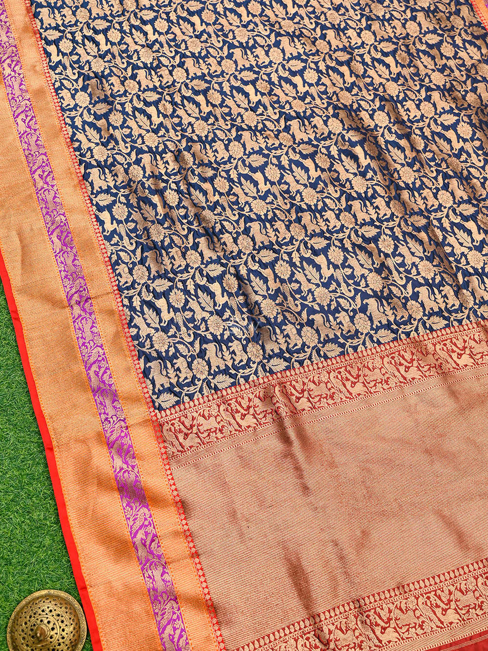 Navy Blue Shikargah Katan Silk Handloom Banarasi Saree - Sacred Weaves